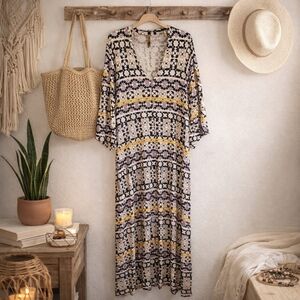 Rachel Pally Boho Maxi Dress Geometric Print 3/4 Sleeve S